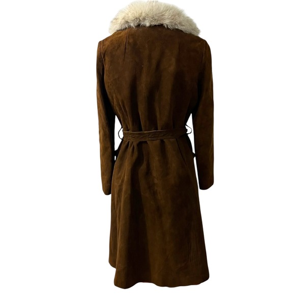 Vintage Brown Suede Trench Coat With White Fur Collar Belted 70s Penny Lane M - Picture 4 of 12